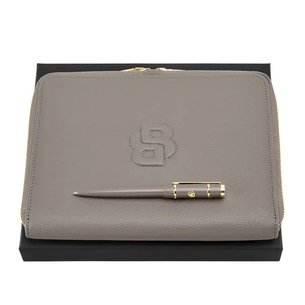 HUGO BOSS Geschenkset Taupe, Kugelschreiber & A5-Konferenzmappe