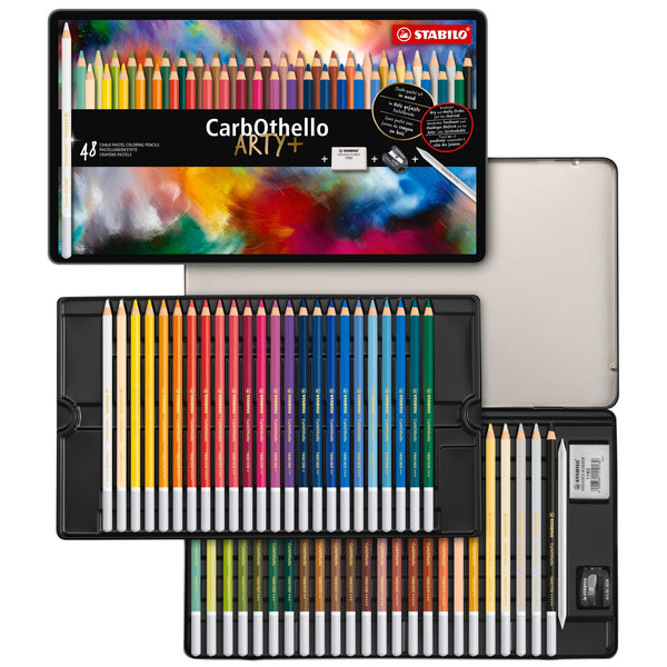 STABILO CarbOthello Metalletui ARTYplus Pastellkreidestift 48 Farben mit Spitzer, Radierer, Estompe