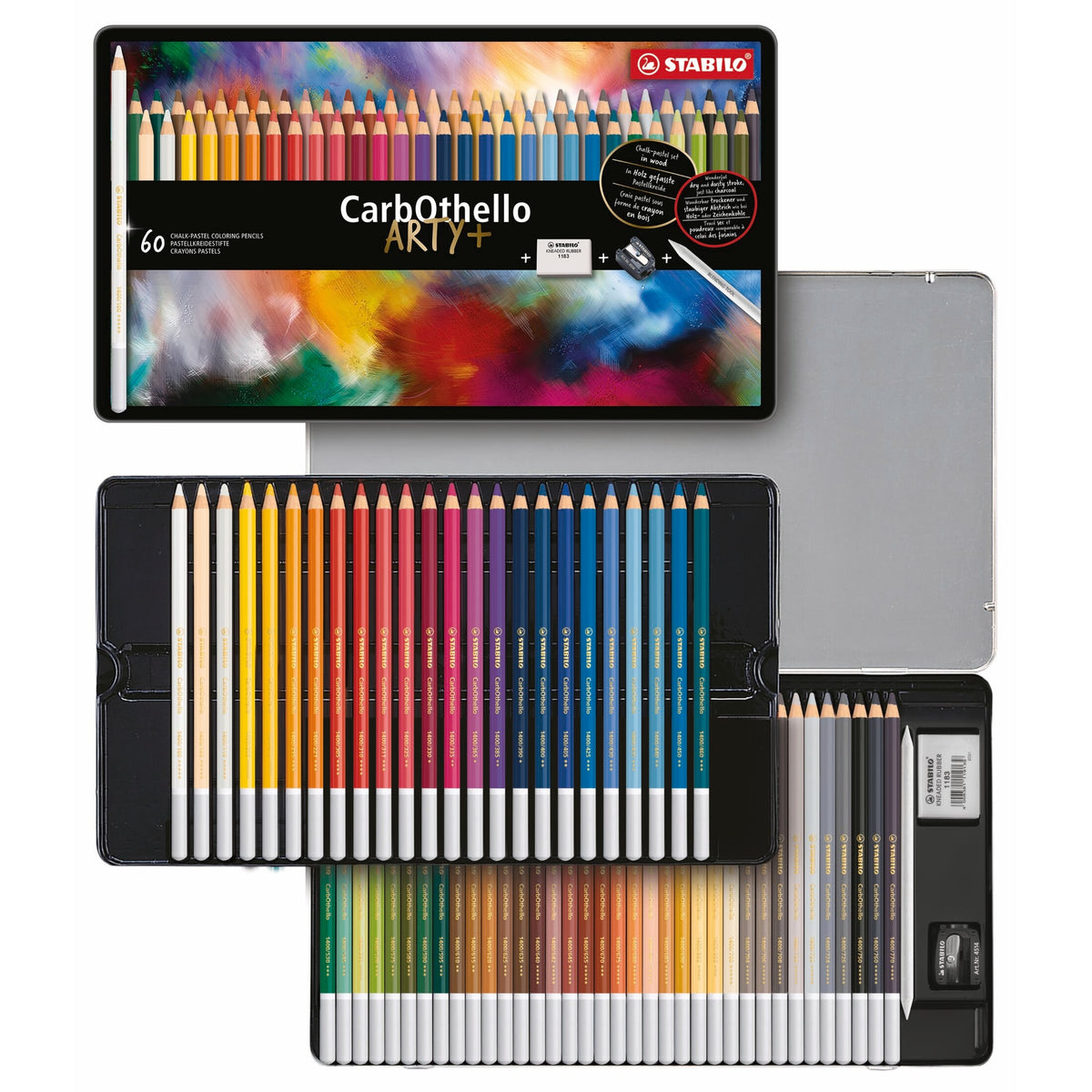 STABILO CarbOthello Metalletui ARTYplus Pastellkreidestift 60 Farben mit Spitzer, Radierer, Estompe – Ansicht 1