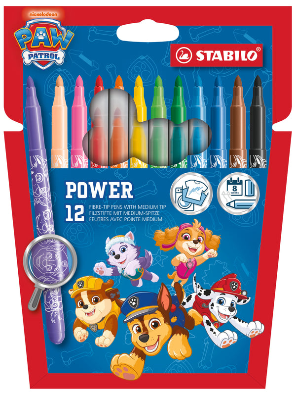 STABILO power PAW Patrol Filzstift 12er Set – 12 Farben, mit PAW Patrol Motiven bedruckt