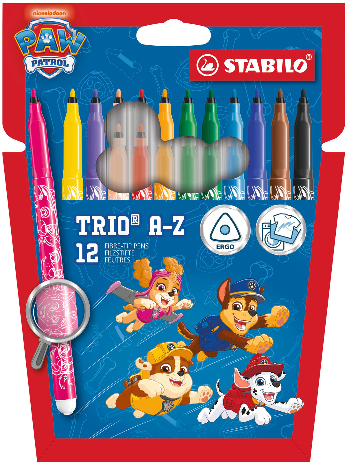 STABILO Trio A-Z PAW Patrol Filzstift mit Dreikant-Griffzone 12er Set – 12 Farben, bedruckt mit PAW Patrol Motiven – Ansicht 1
