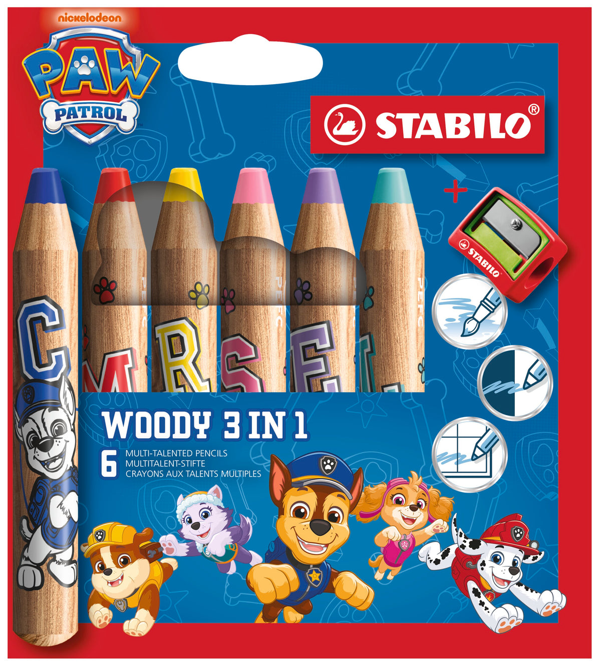 STABILO woody 3 in 1 PAW Patrol Multitalent-Stift 6er Set mit Spitzer – 6 Farben, bedruckt mit PAW Patrol Motiven – Ansicht 1