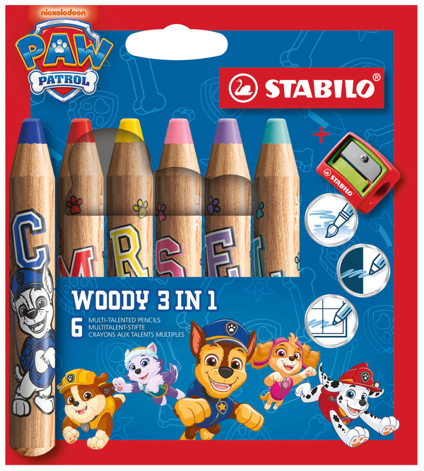 STABILO woody 3 in 1 PAW Patrol Multitalent-Stift 6er Set mit Spitzer – 6 Farben, bedruckt mit PAW Patrol Motiven