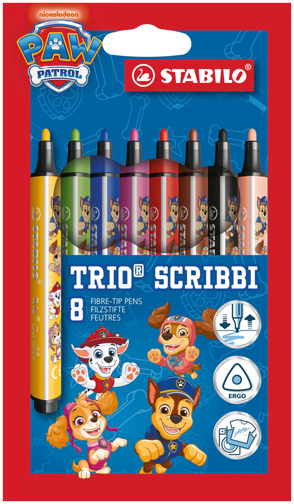 STABILO Trio Scribbi PAW Patrol gefederter Dreikant-Filzstift 8er Set – 8 Farben, bedruckt mit PAW Patrol Motiven