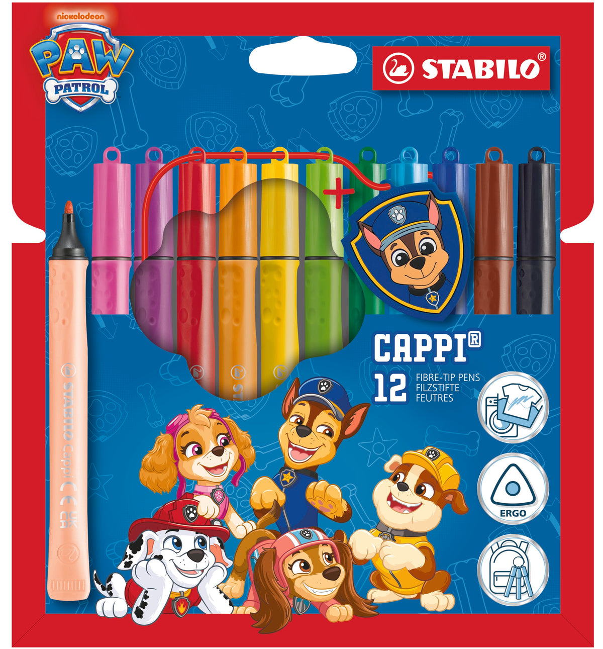 STABILO Cappi PAW Patrol Filzstift mit Kappenring 12er Set – 12 Farben, mit Chases Polizeimarke – Ansicht 1