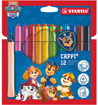 STABILO Cappi PAW Patrol Filzstift mit Kappenring 12er Set – 12 Farben, mit Chases Polizeimarke – Ansicht 1