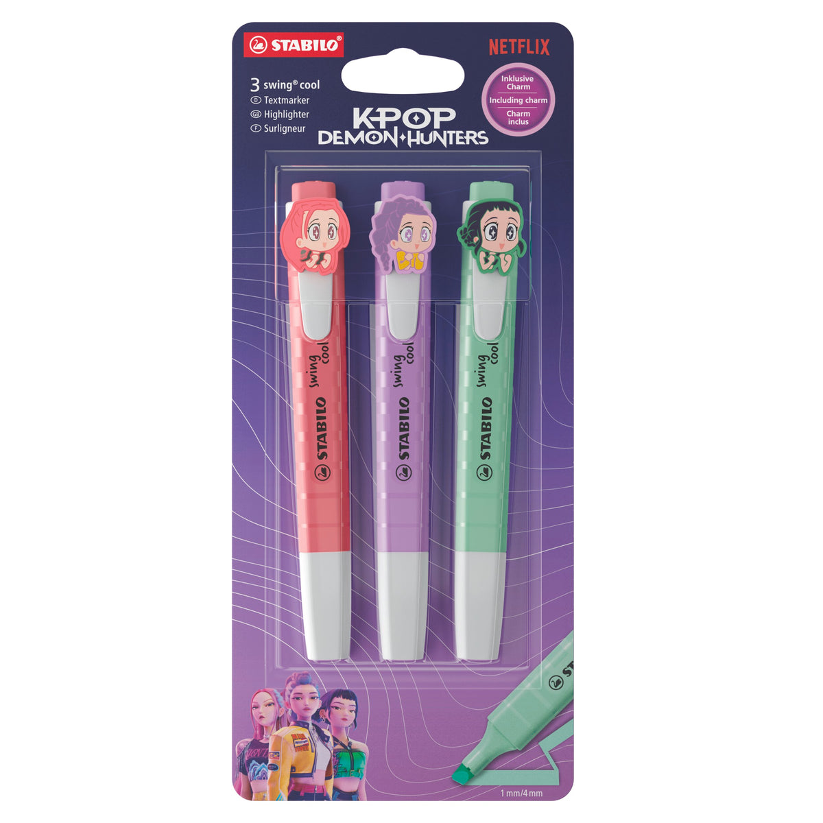 STABILO swing cool KPop Demon Hunters Textmarker 3er Pack – Kirschblütenrosa, Grauviolett, Minzgrün mit Design-Anhängern – Ansicht 1