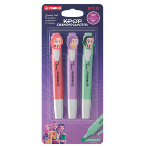 STABILO swing cool KPop Demon Hunters Textmarker 3er Pack – Kirschblütenrosa, Grauviolett, Minzgrün mit Design-Anhängern – Ansicht 1
