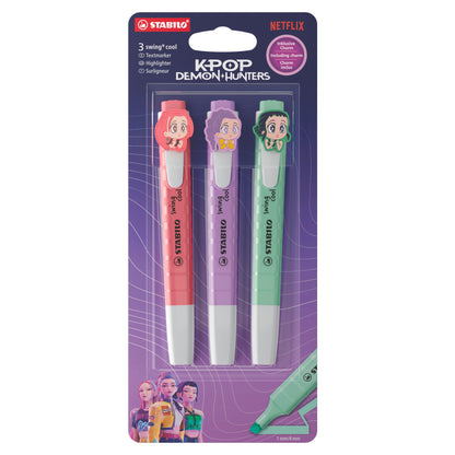 STABILO swing cool KPop Demon Hunters Textmarker 3er Pack – Kirschblütenrosa, Grauviolett, Minzgrün mit Design-Anhängern – Ansicht 1