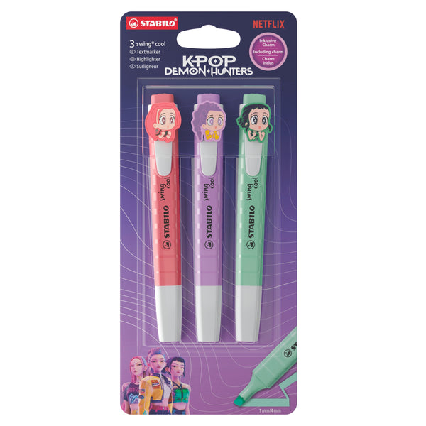 STABILO swing cool KPop Demon Hunters Textmarker 3er Pack – Kirschblütenrosa, Grauviolett, Minzgrün mit Design-Anhängern