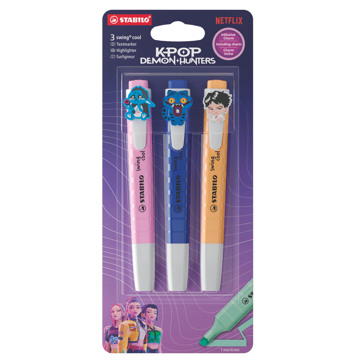 STABILO swing cool KPop Demon Hunters Textmarker 3er Pack – Frische Fuchsie, Ultramarinblau, Sanftes Orange mit Design-Anhängern – Ansicht 1