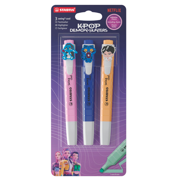 STABILO swing cool KPop Demon Hunters Textmarker 3er Pack – Frische Fuchsie, Ultramarinblau, Sanftes Orange mit Design-Anhängern