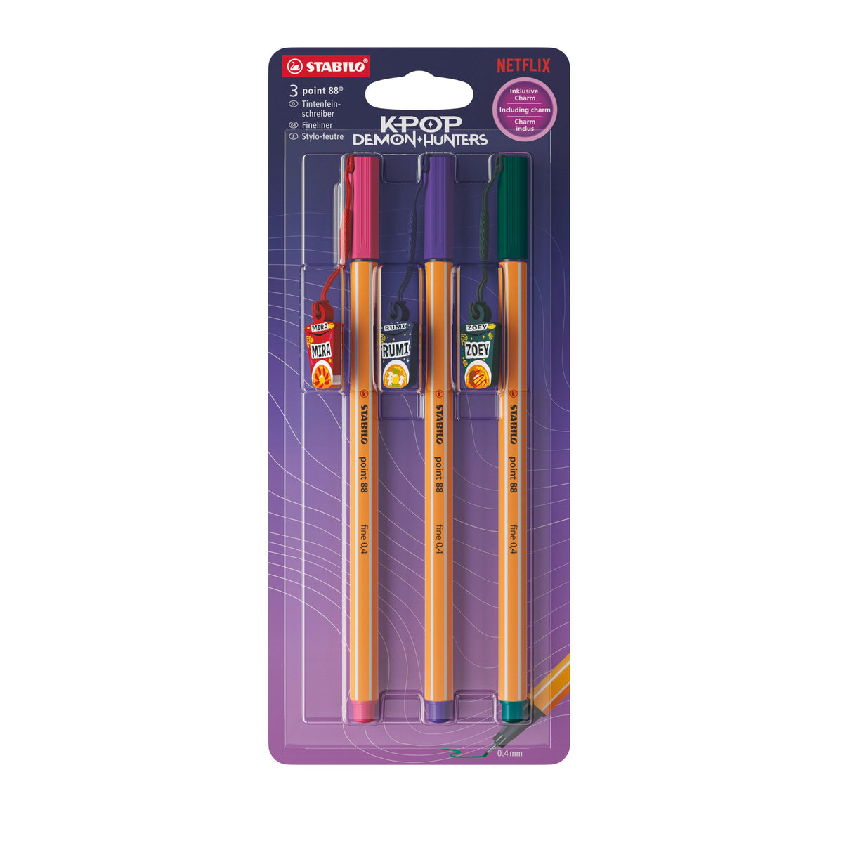 STABILO point 88 KPop Demon Hunters Fineliner 3er Pack – Hellrosa, Violett, Tannengrün mit Design-Anhängern – Ansicht 1
