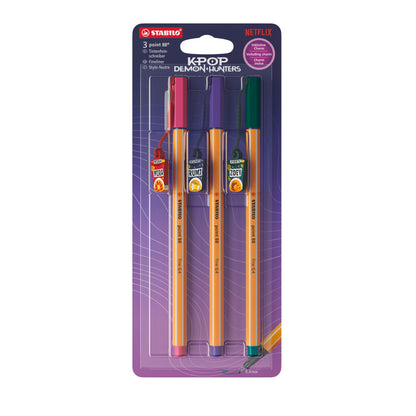 STABILO point 88 KPop Demon Hunters Fineliner 3er Pack – Hellrosa, Violett, Tannengrün mit Design-Anhängern – Ansicht 1