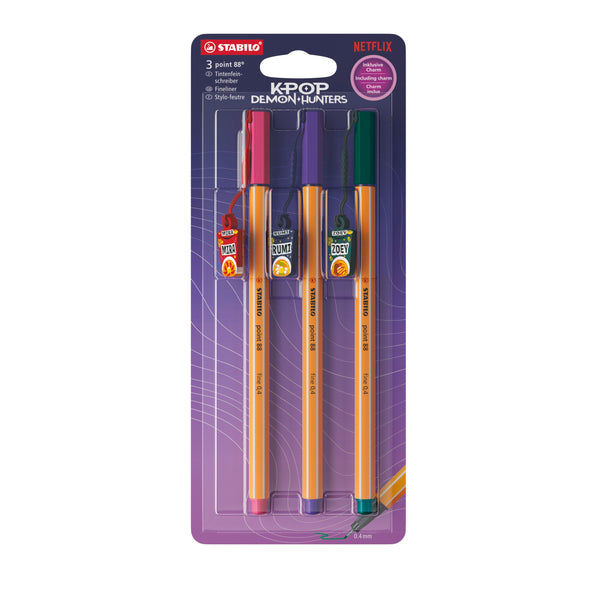 STABILO point 88 KPop Demon Hunters Fineliner 3er Pack – Hellrosa, Violett, Tannengrün mit Design-Anhängern