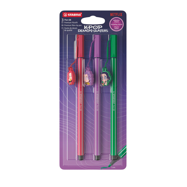 STABILO Pen 68 KPop Demon Hunters Premium-Filzstift 3er Pack – Erdbeerrot, Pflaume, Minzgrün