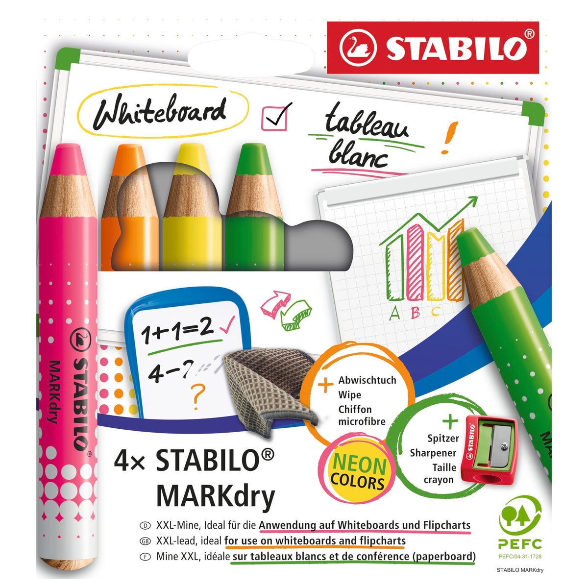 STABILO MARKdry neon 4er + Spitz + Lapp – Ansicht 1