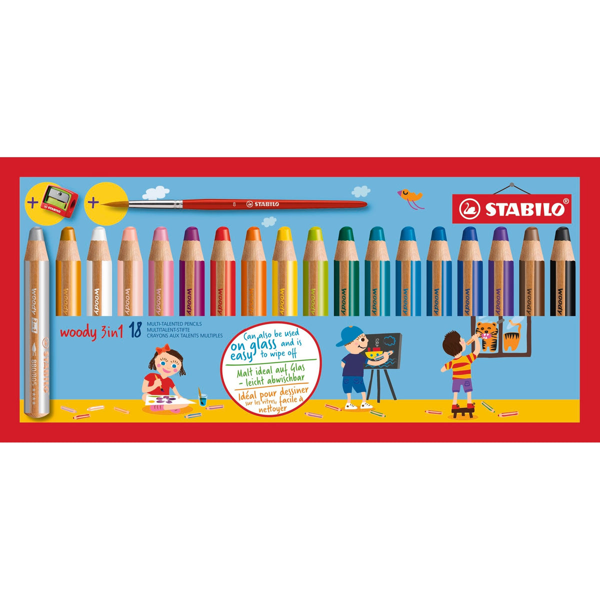 STABILO woody 3in1 Farbstift 18er Etui mit Spitzer und Pinsel – Ansicht 1