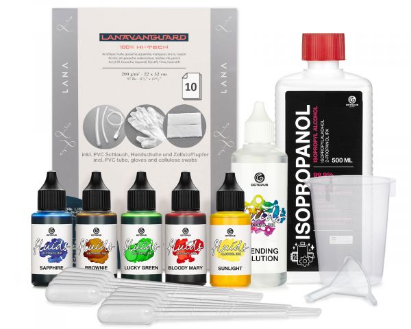 Octopus Fluids Alcohol-Ink Starterset CIRCLE Bloody Mary, Sunlight, Sapphire, Lucky Green, Brownie