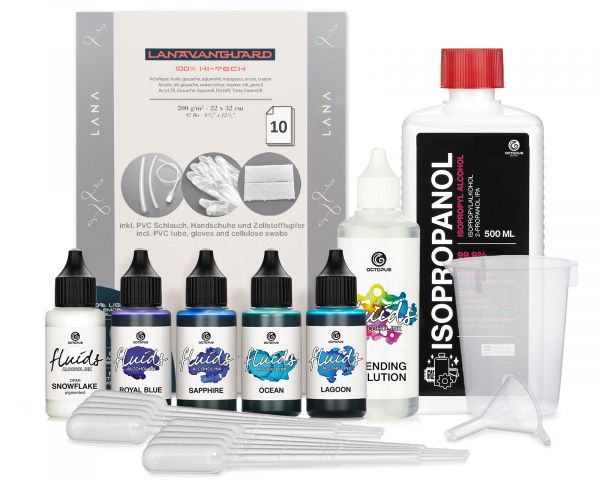 Octopus Fluids Alcohol Ink Starter Komplett Set BREEZE Blauorientierte Kollektion Zubehör