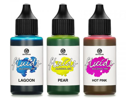 Octopus Fluids Alcohol Ink Set LAGOON, PEAR, and HOT PINK
