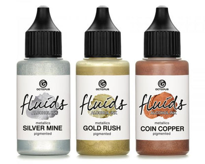 Octopus Fluids Alcohol Ink Set Metallics Gold Rush Silver Mine Coin Copper
