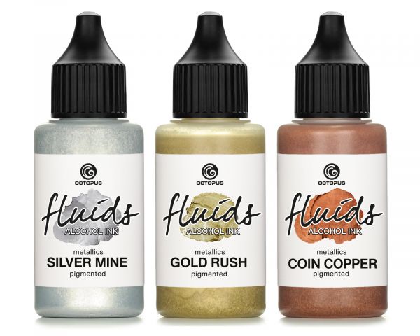 Octopus Fluids Alcohol Ink Set Metallics Gold Rush Silver Mine Coin Copper