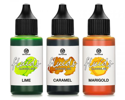 Octopus Fluids Alcohol Ink Set Kreativ-Tinten LIME, CARAMEL, MARIGOLD