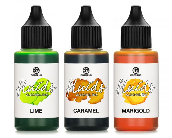 Octopus Fluids Alcohol Ink Set Creative Inks LIME, CARAMEL, MARIGOLD