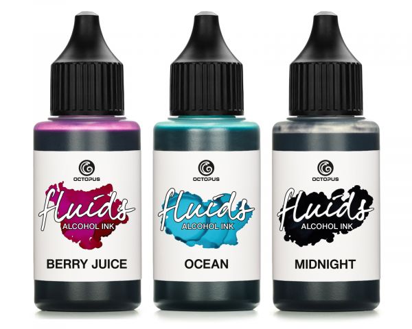 Octopus Fluids Alcohol Ink Set MIDNIGHT, OCEAN, BERRY JUICE Alkoholtinte für Fluid Art, Resin und Mixed-Media
