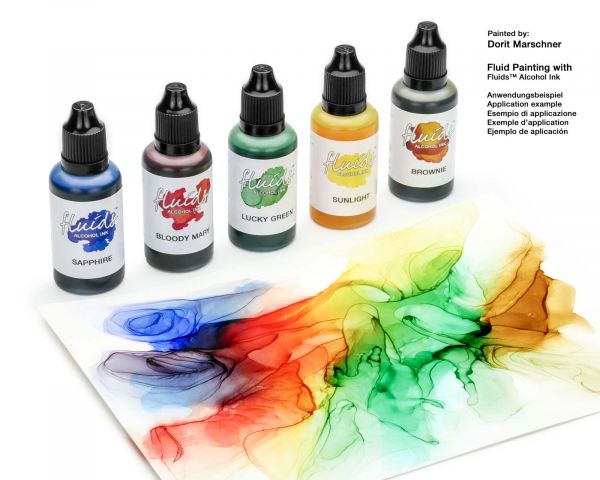 Octopus Fluids Alcohol-Ink Starterset CIRCLE Bloody Mary, Sunlight, Sapphire, Lucky Green, Brownie