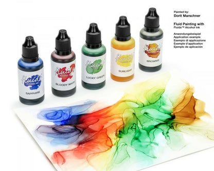 Octopus Fluids Alcohol-Ink Starterset CIRCLE Bloody Mary, Sunlight, Sapphire, Lucky Green, Brownie