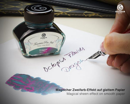 Octopus Fluids Fountain Pen Ink Sheen Ink Collection Dragon Petrol, Two-Tone Metallic Sheen, incl. Converter, 30 ml
