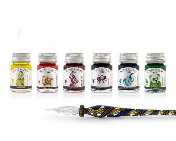 Octopus Fluids Writing Set Glass Pen from Lauscha Glass Write & Draw Inks Handmade Waterproof Pigmented