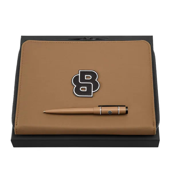 HUGO BOSS Geschenkset Rive Varsity Camel, Kugelschreiber & A5-Konferenzmappe