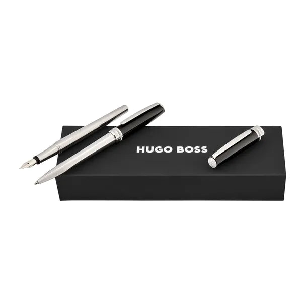 HUGO BOSS Schreibset Essential Classic, Black & Chrome (Kugelschreiber & Füllfederhalter)