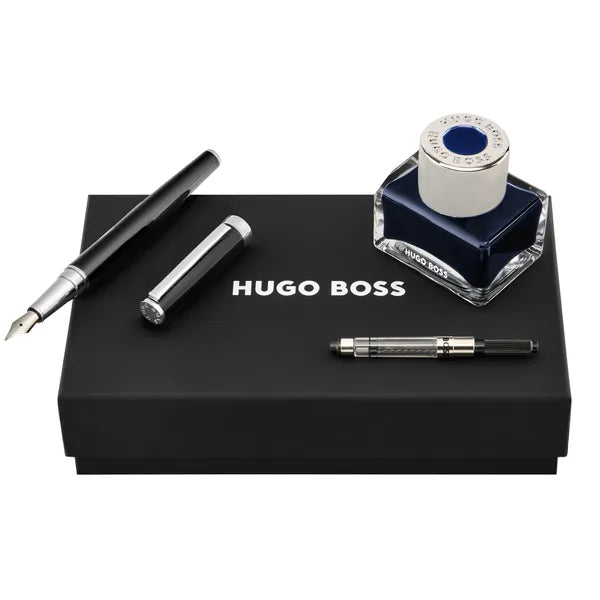 HUGO BOSS Schreibset Gear Icon, Black & Chrome (Füllfederhalter mit Tinte und Konverter)