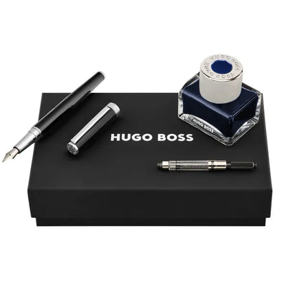 HUGO BOSS Schreibset Gear Icon, Black & Chrome (Füllfederhalter mit Tinte und Konverter)