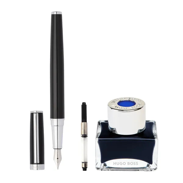 HUGO BOSS Schreibset Gear Icon, Black & Chrome (Füllfederhalter mit Tinte und Konverter)