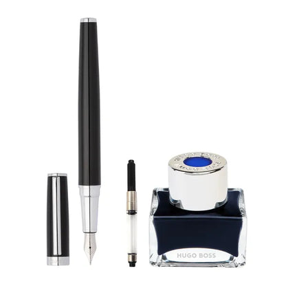 HUGO BOSS Schreibset Gear Icon, Black & Chrome (Füllfederhalter mit Tinte und Konverter)