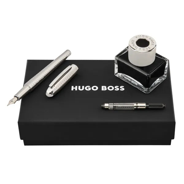 HUGO BOSS Schreibset Contour Soft Bauhaus, Chrome (Füllfederhalter mit Tinte und Konverter)