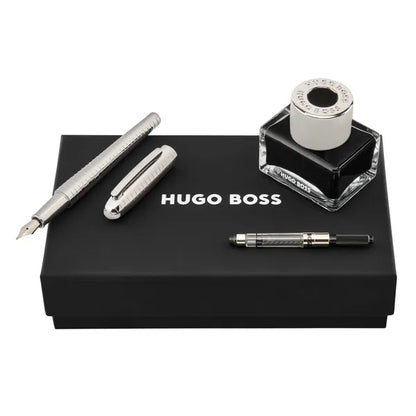 HUGO BOSS Schreibset Contour Soft Bauhaus, Chrome (Füllfederhalter mit Tinte und Konverter)