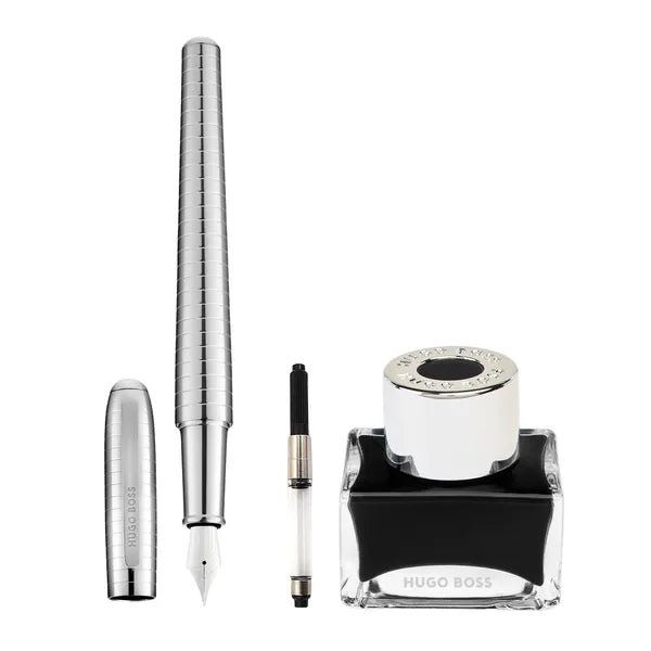 HUGO BOSS Schreibset Contour Soft Bauhaus, Chrome (Füllfederhalter mit Tinte und Konverter)