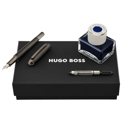 HUGO BOSS Schreibset Contour Pinstripe, Black (Füllfederhalter mit Tinte und Konverter)