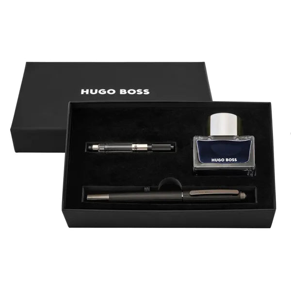 HUGO BOSS Schreibset Contour Pinstripe, Black (Füllfederhalter mit Tinte und Konverter)