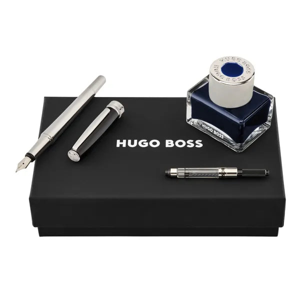 HUGO BOSS Schreibset Essential Classic, Black & Chrome (Füllfederhalter mit Tinte und Konverter)
