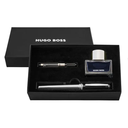 HUGO BOSS Schreibset Essential Classic, Black & Chrome (Füllfederhalter mit Tinte und Konverter)