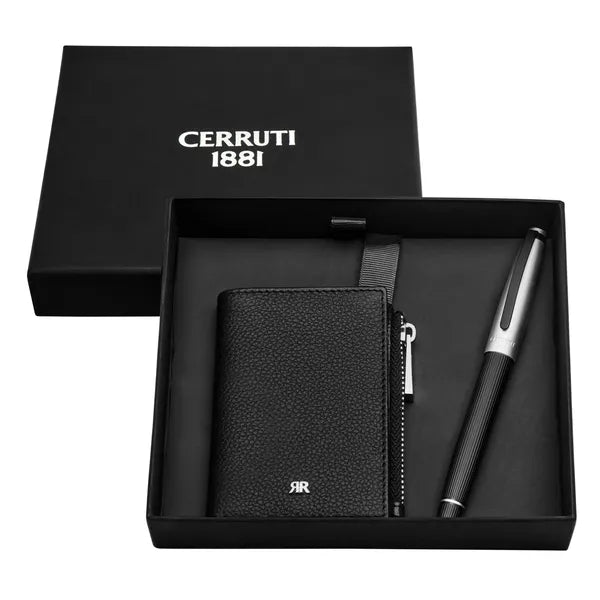 CERRUTI 1881 Schreibset Benson Black & Chrome (Tintenroller & Visitenkartenetui)