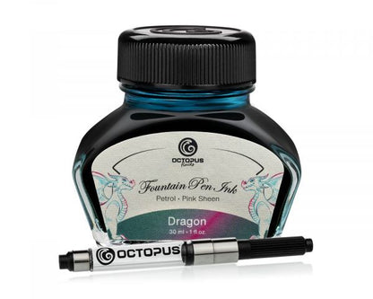 Octopus Fluids Fountain Pen Ink Sheen Ink Collection Dragon Petrol, Two-Tone Metallic Sheen, incl. Converter, 30 ml