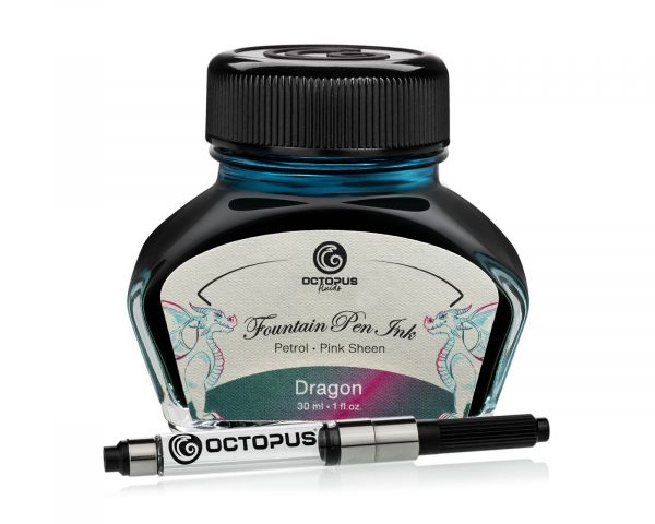 Octopus Fluids Fountain Pen Ink Sheen Ink Collection Dragon Petrol, Two-Tone Metallic Sheen, incl. Converter, 30 ml